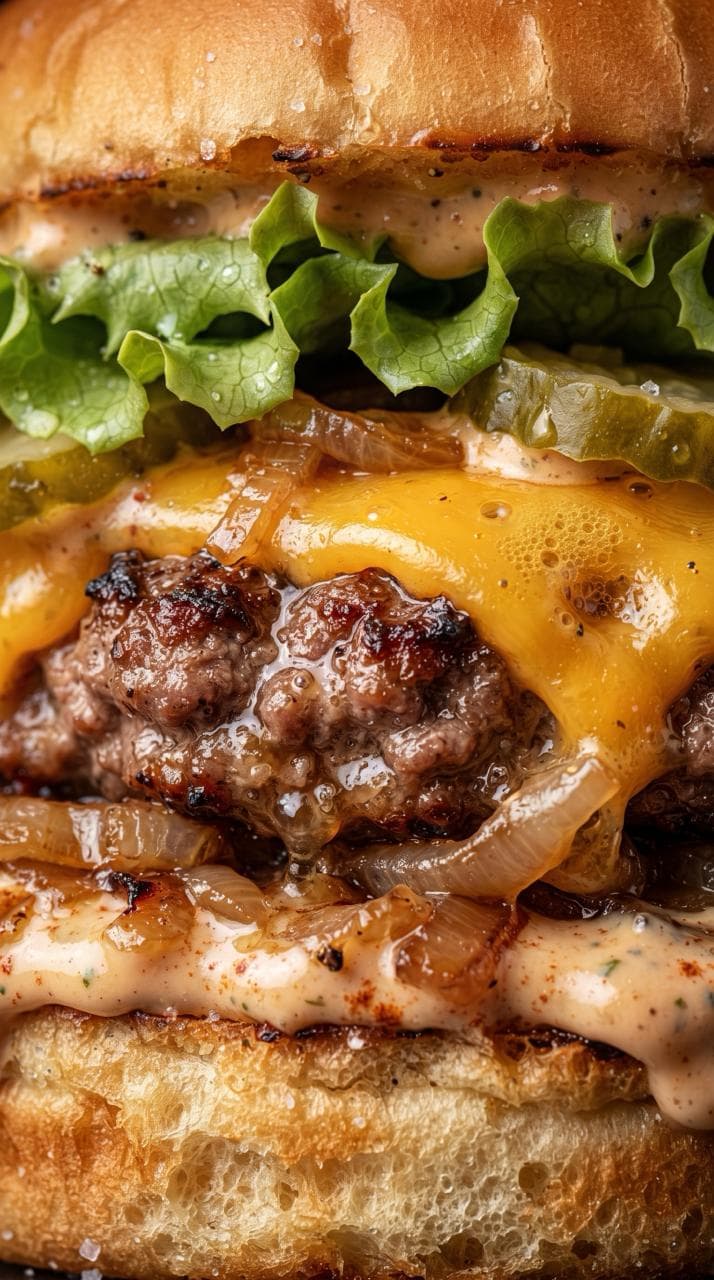 Primer plano de una hamburguesa con queso, lechuga y pepinillos