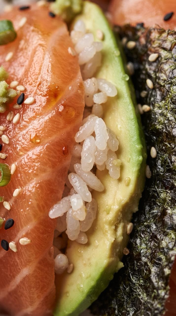 Detalle de un rollo de sushi con salmón, aguacate y semillas de sésamo